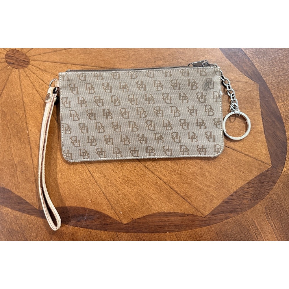 Dooney & Bourke DB Signature Wristlet Key Pouch Coin Purse Beige Monogram Zip